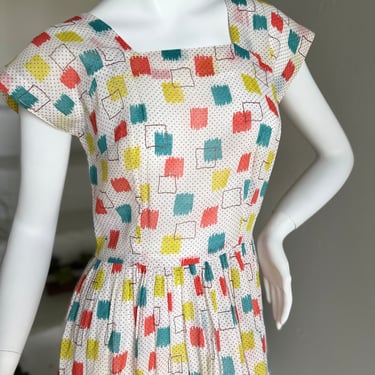 Darling Early 1940s Printed Cotton Lawn Dress Charming Geo Pattern Dots Spring Dress 32 Bust Vintage 