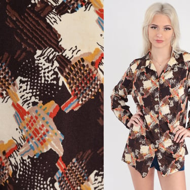 70s Psychedelic Shirt Abstract Disco Top Brown Bohemian Blouse 1970s Vintage Hippie Dagger Collar Retro Button Up Boho Large L 