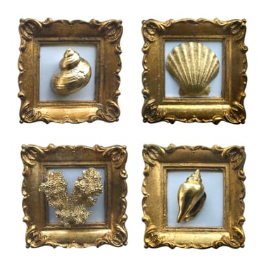Set of 4 Vintage Framed Gold Gilt Genuine Coral & Seashell Art | Ornate Frames | Aqua + Gold Beach Chic Dimensional Wall Decor 