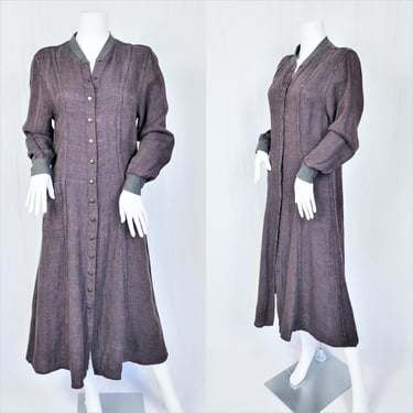 Jeanne Engelhart Flax 1990's Purple Linen Button Down Dress I Sz Med I Heathered Purple Linen 