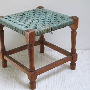 Vintage Woven Stool Turquoise Rope Stool Boho Wood Stool Vintage Footstool French Farmhouse Plant Stand Blue Wooden Stool 