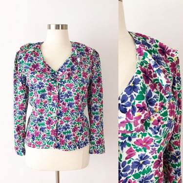 SIZE 14 Vintage Bold Floral Ruffle Poet Secretary Blouse Modest Fashion Button Up Flower Garden Teal Purple Fitted 