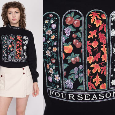 Small 90s Four Seasons Black Graphic Sweatshirt | Vintage Seasonal Crewneck Pullover 