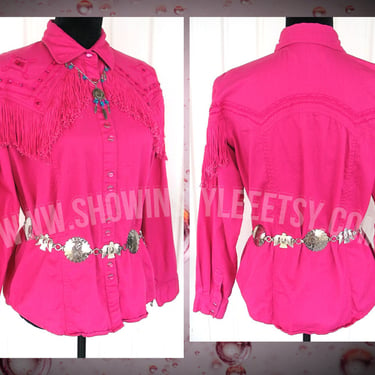 Adobe Rose Cowgirl Vintage Retro Women's Western Shirt, Rodeo Blouse, Hot Pink Fringe & Rhinestones, Tag Size Medium (see meas. photo) 