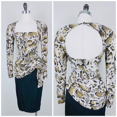 1980s Vintage Barbara Barbara Leopard Print Peplum Dress / 80s / Eighties Cut Out Back Wiggle Dress / Size Medium 