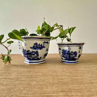 Vintage Blue and White Chinese Chinoiserie Planters – Set of 2 