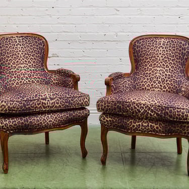 French Louis XV Style Gilt and Painted Bergere Chair with a Leopard Print Upholstery