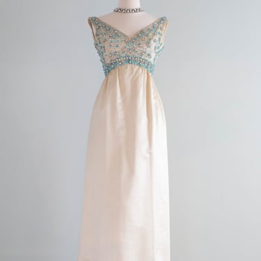 Elegant 1960’s Pat Sandler Beaded Ivory Silk Empire Evening Gown / XS