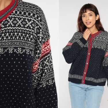 Fair Isle Cardigan 90s Wool Blend Button Up Sweater Navy Blue Red Norwegian Sweater Boho Nordic Cozy Retro Vintage 1990s Mens Extra Large 