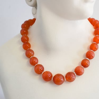 Vintage Etched Orange Glass Bead Necklace 