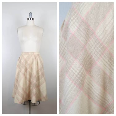 Vintage 1980s wool plaid skirt pockets lined neutral pastel academia fall 
