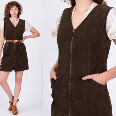 90s Olive Green Faux Suede Mini Dress - Medium | Vintage Sleeveless Zip Up V Neck Jumper Pinafore 