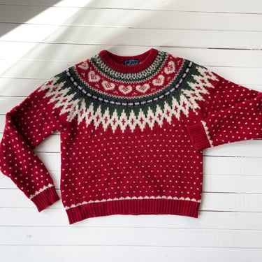 Fair Isle sweater 90s vintage Woolrich red green heart pattern wool Christmas sweater 