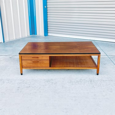 1960s Mid Century Walnut and Wicker Coffee Table 