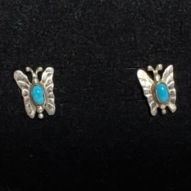 Vintage Sterling Silver & Turquoise NAVAJO Butterfly Stud Earrings ~ Southwestern ~ Old Pawn ~ Antique 