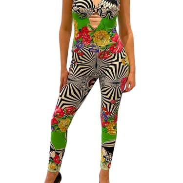 1990s GIANNI VERSACE Black & White Floral Psychedelic Catsuit 