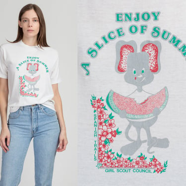 90s "Slice Of Summer" Watermelon Mouse Tee - Small | Vintage White Cartoon Animal Graphic Girl Scouts T Shirt 