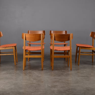 6 Restored Mid Century Danish Modern Dining Chairs Beech Teak Orange Upholstery 