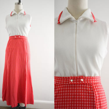 1970s White Bodysuit and Red Maxi Skirt Set 