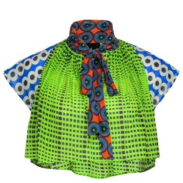 Mimi Liberte - Green & Blue Multi Print Short Sleeve Wide Fit Crop Top Sz 4