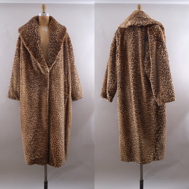 Glam 80s Leopard Print Faux Fur Full Length Winter Coat Oversized Small 