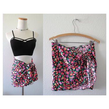 Vintage Swim Skirt - Wrap Sarong Cover Up - Victoria's Secret Swimwear - Neon Floral Print - Size Medium 