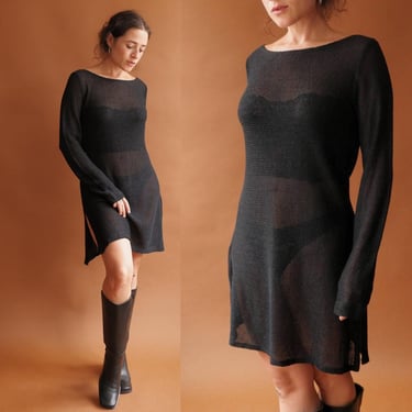 Vintage 90s Sheer Crochet Tunic/ 1990s Long Sleeve Open Weave Mini Dress/ Size Medium 