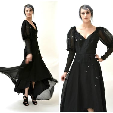 Black Silk Evening Gown Dress Size Small Medium Open Shoulder// 80s Black Dress Size Small Medium Black Silk Dress Beaded Evening Gown 