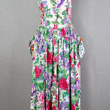 1980s 1990s - Cotton Floral Sundress by Access - Cottage Core Dress - Apron Dress - Size M 