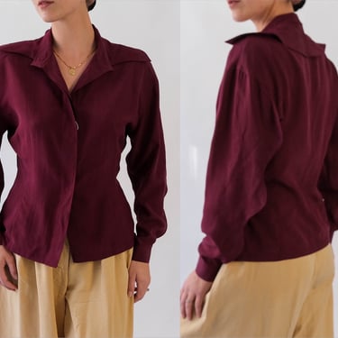 Vintage 80s Claude Montana Aubergine Silk Long Sleeve Blouse w/ Wave Sleeves | Unworn w/ Tags | Made in Italy | 100% Silk | 1980s Designer 