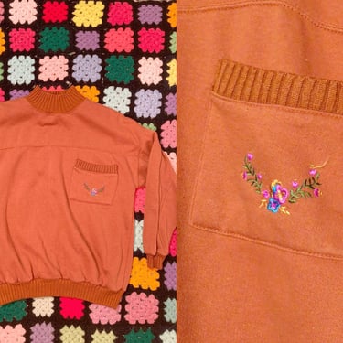 Vintage 80s/90s Copper Color Sweatshirt With Floral Embroidered Pocket Size M 