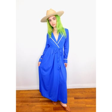 Wrap Slip Dress // vintage sun blue 1970s 70s boho hippie hippy maxi robe lingerie // S Small 