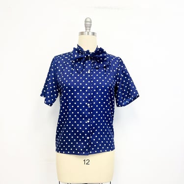 Vintage 60s Polka Dot Blouse | Bow or Tie Neck Secretary Blouse in Navy Blue and White | Size 10 