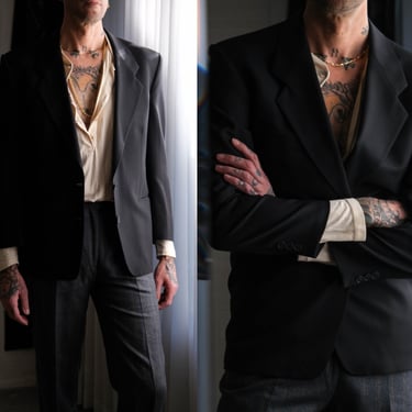 Vintage 80s Yves Saint Laurent Black Wool Gabardine Two Button Blazer | Made in France | 100% Wool Gabardine | 80s YSL Designer Mens Jacket 