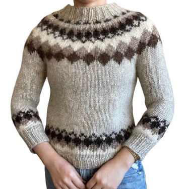 Vintage 1970s Hilda Ltd Icelandic Wool Hand Knit Brown Fair Isle Nordic Sweater 