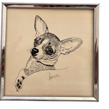 Vintage 1960s Mid Century Modern Chihuahua Dog  Signed Litho by Leslie 5”x5” 