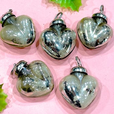 VINTAGE: 5pcs - Small Thick Mercury Glass Heart Ornaments - Mid-Weight Kugel Style Ornaments - Heart Pendants 