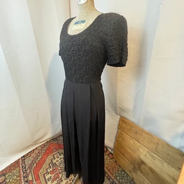 1990s Black Jumpsuit Dress Minimalist Wide Leg Floral Embroidered M 