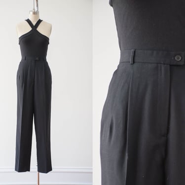 high waisted pants | 90s vintage black wool gabardine dark academia pleated wool trousers 