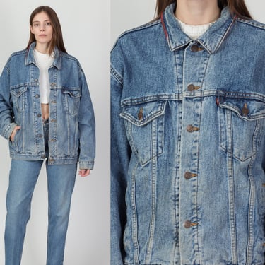 90s Levi's Plaid Flannel Lined Jean Jacket - Men's Large | Vintage Unisex Denim Trucker Jacket 