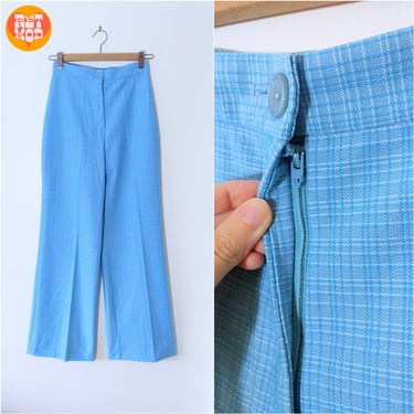 Flattering Vintage 60s 70s Blue Hatchmark Patterned High-Waisted Pants 
