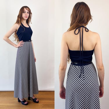 Vintage 70s Jonathan Logan Mod Navy and White Striped Maxi Halter Dress 