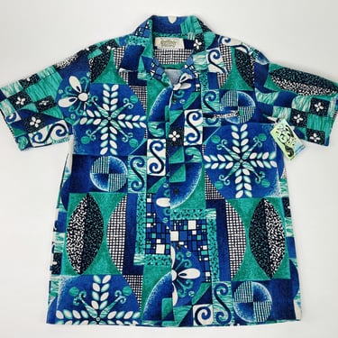 1980s does 50s-60s Psychedelic Mid Century Tiki Print Blue Barkcloth Hawaiian Shirt by Malihini Sml | Vintage, Space, Ocean, Vacation, Party 