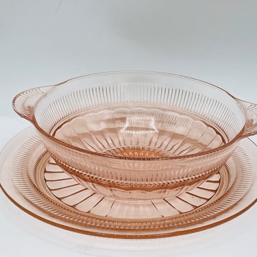 Vintage Anchor Hocking Coronation pink depression glass serving bowl and Plate 8" 