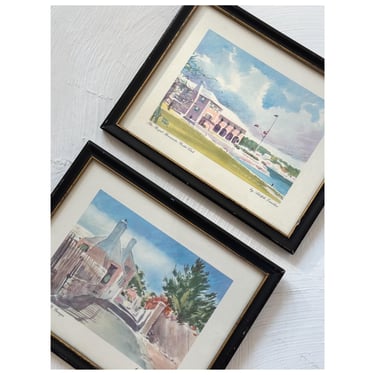 Pair of Original Vintage Print Drawing Artwork , 1960s, Bermuda, Royal Yacht Club and St. George’s Street 