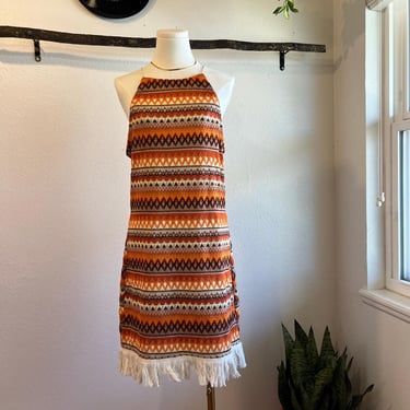 Vintage 1970s Orange Woven Retro Mod Fringe Trim Halter Mini Dress Size Small 