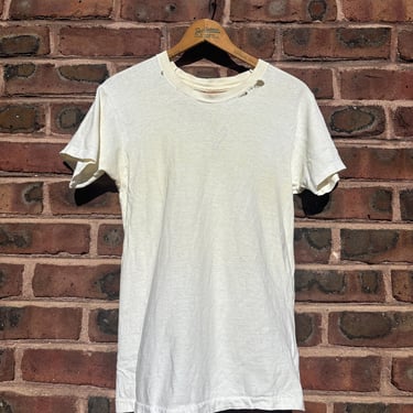 Vintage 1970s Plain White T Shirt Blank Tee Worn Distressed Small Medium by TimeBa