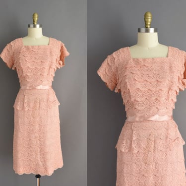 1950s dress | Gorgeous Pink Peach Tier Lace Cocktail Party Wiggle Dress | Large XL | 50s vintage dress 