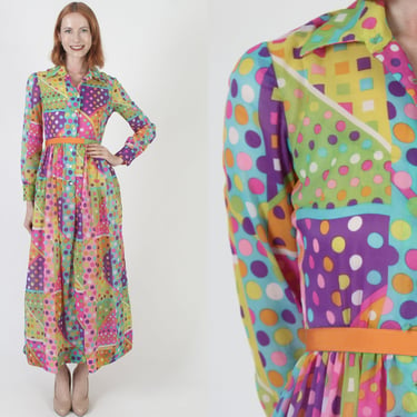 60s Psychedelic Bright Polka Dot Maxi Dress, Vintage Ann Fogarty Designer Gown, Rainbow Printed Sheer Material With Matching Belt 