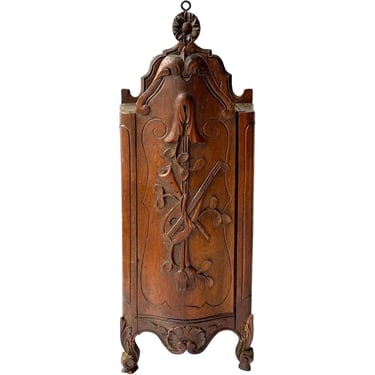 1890s Small French Provincial Walnut Hanging (Fariniere) Flour Box Musical Instruments Horn Mandolin 